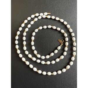 Vtg EVOKE White Beaded Necklace Gold Tone & Black Spacers Chain Excellent 32"